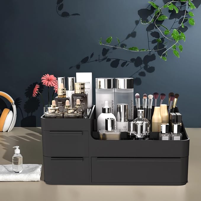 Makeup Organizer for Vanity, Bathroom Countertop Storage Display Boxes Case,Stackable Cosmetic Holder for Jewelry Hair Accessories Beauty Skincare Product Organizing with drawer organizer tray, Black | Skincare Perfume Vologne Organizer with Drawers fo...