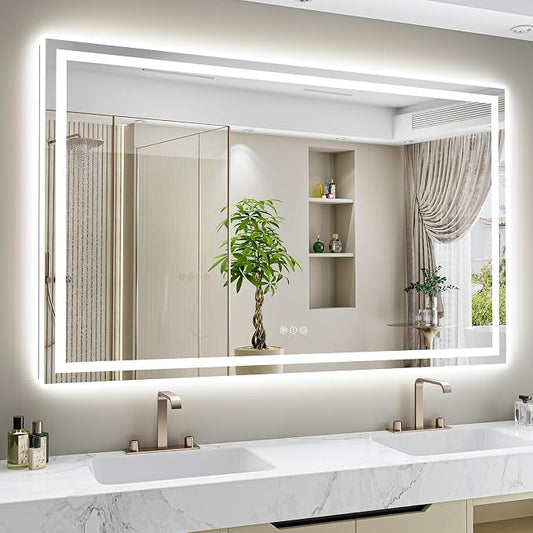 66x48 Inch LED Bathroom Mirror with Lights Front and Backlit Lighted Vanity Mirror for Bathroom Wall with 3 Colors Dimmable Anti-Fog Memory Shatter-Proof