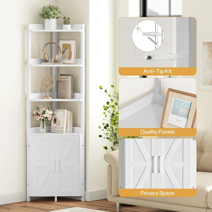 HOOBRO Corner Shelf with Storage, Tall Corner Cabinet, 5-Tier Bookshelf Stand, Storage Cabinet with Protective Fence, for Living Room, White WW78CJ01