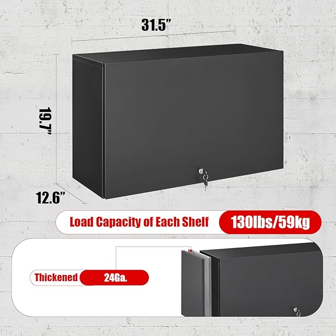 Garage Wall Cabinet, Metal Tool Cabinet with Lock&Adjustable Shelf | 20"H Wall Mounted Garage Storage Cabinets with Up-Flip Door, Black Steel Floating Locker for Basement, Workshop, Kitchen