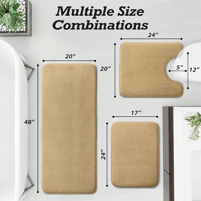Bathroom Rugs Sets 3 Piece, Non-Slip & Quick Dry Bath Mat Set, Ultra Soft Velvet Bath Rugs for Bathroom, Toilet and Shower Floor, Khaki