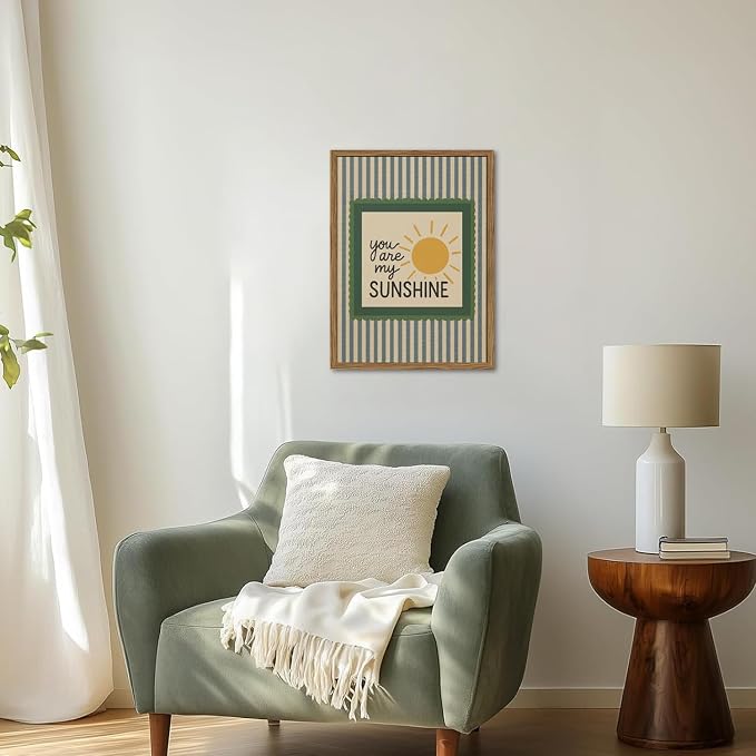 You are My Sunshine Wall Art Vintage Striped Quote Sign Wall Decor Picture Cute Sunshine Nursery Poster Canvas Painting Prints for Kids Living Room Bedroom 12x16 inch Wood Framed