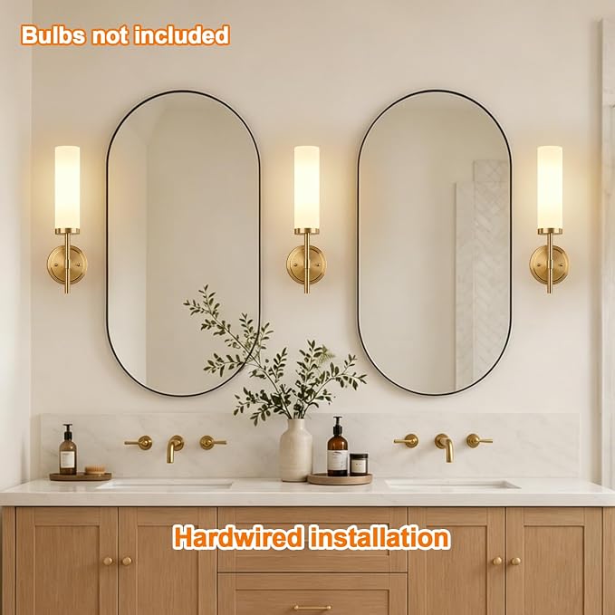 [Hardwired] Wall Sconces Set of Two, Brushed Gold Bathroom Sconces with Milky White Glass, Modern Wall Light Fixtures for Bathroom Mirror Vanity, Living Room, Hallway, Stairway, Cabinet, Foyer