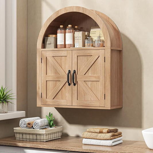 Arched Bathroom Wall Cabinet, Natural Farmhouse Cabinet, 23.6 x 28.7'' | Medicine Cabinet with Barn Door and with Adjustable Shelf, Wooden Storage Cabinet Wall Mounted for Bathroom Laundry Room