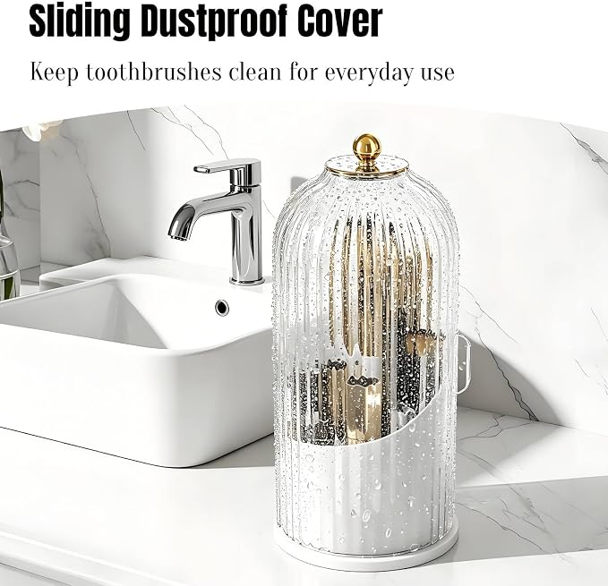 JEESA Dustproof Toothbrush Holder with Cover, Transparent/White | 360° Rotating, 180° Sliding Lid, 3 Slots, Toothbrush Organizer, for Bathroom Countertop