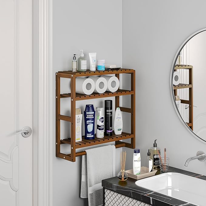 Galood Over The Toilet Storage Bathroom Shelves Wall Mounted 3 Tier Brown | Space Saver Corner Shelf Organizer Bamboo Towel Rack Toilet Paper Cabinet with Hanging Rod