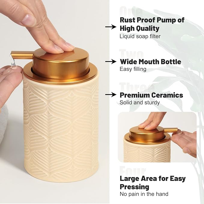 Kukikan Ceramic Bathroom Accessories Set, 4 Pcs-Includes Lotion Soap Dispenser, Toothbrush Holder, Vanity Tray, and Tumbler, Modern Bathroom Decor Organizer with Soap Dish, Apothecary Jar, Beige Color