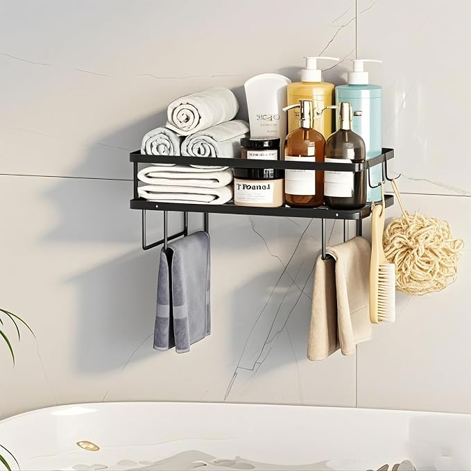 ShellKingdom Over the Toilet Storage Shelf, Toilet Paper Holder Stand Rack | Punch-Free Bathroom Storage Rack with 2 Hooks, Small Space Organizers for Bathroom, Home, Black