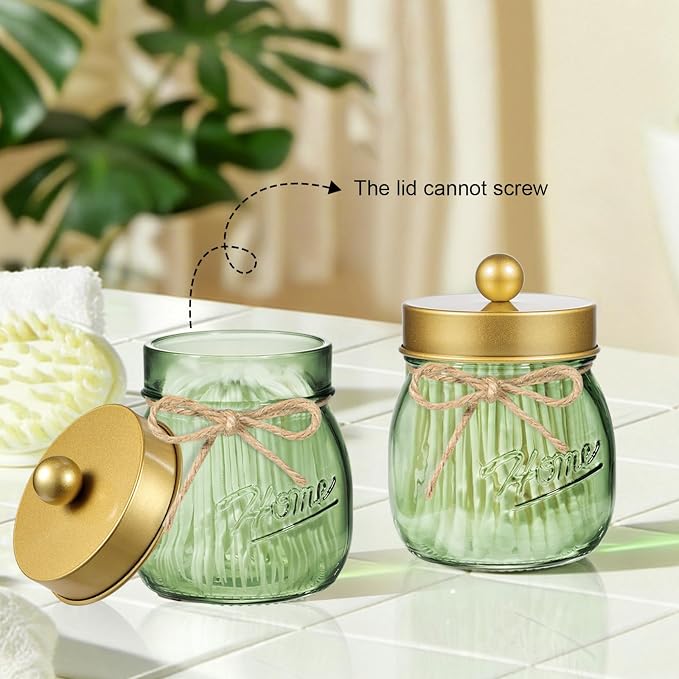 Amolliar Green Glass Bathroom Accessories Set, 4Pcs Mason Jar Bathroom Set | (Gold)Lotion Soap Dispenser, Toothbrush Holder, 2 Qtip Holders, Bathroom Countertop Storage, Bathroom Home Decor Organizer