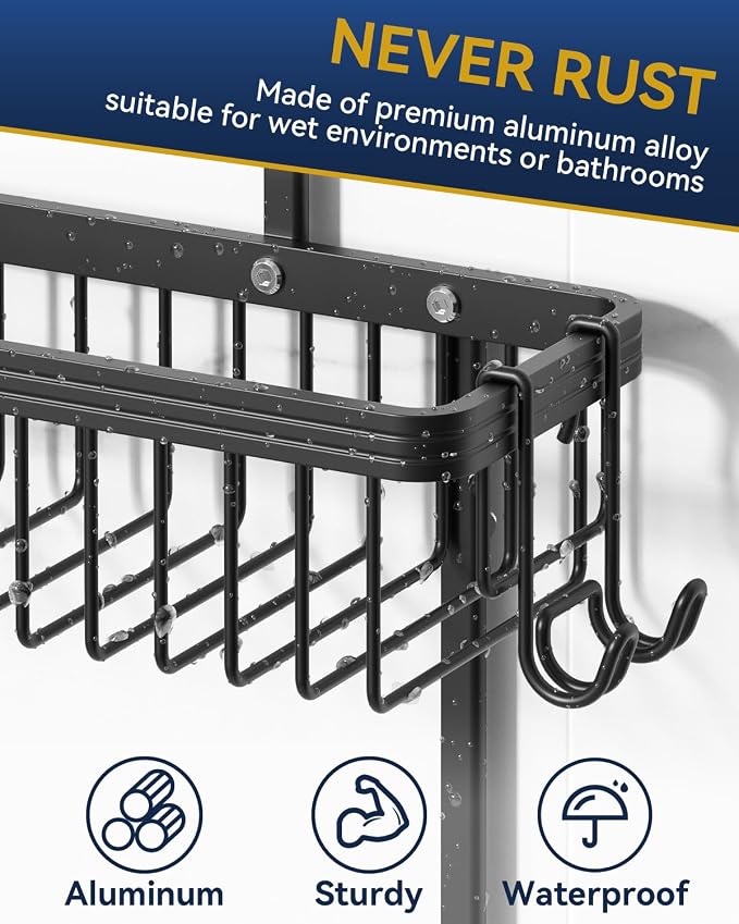 Never Rust Shower Caddy Hanging, Aluminum Shower Racks for Inside Shower, 2-Tier Shower Organizer Hanging Over Shower Head with Hooks and Soap Holder, Black