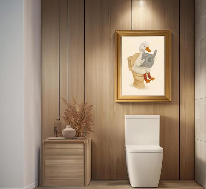 Vintage Gold Framed Duck Bathroom Wall Art Funny Animals on the Toilet Pictures Kids Bathroom Canvas Wall Decor Beige Cute Animal Painting Print Artwork for kids Room Restroom Bathroom，16x24in