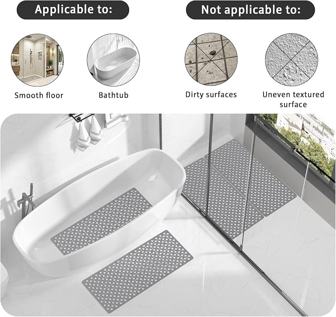Shower Mat Non Slip Bath Mat for Tub - 35" x 16" Soft TPE Bathtub Mat Non Slip Shower Mats for Inside Shower, Anti Slip Shower Mat with Suction Cups, Quick-Drying Bath Tub Mat, Grey