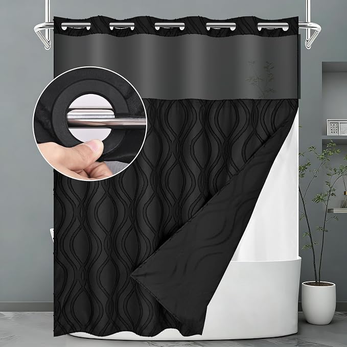 Yinhua No Hook Shower Curtain with Snap in Liner Set, 71" W×74" L, Black | Hotel Style with See Through Top Window, Washable Waterproof, Tufted Textured, Hookless Curtain for Bathroom Bathtub
