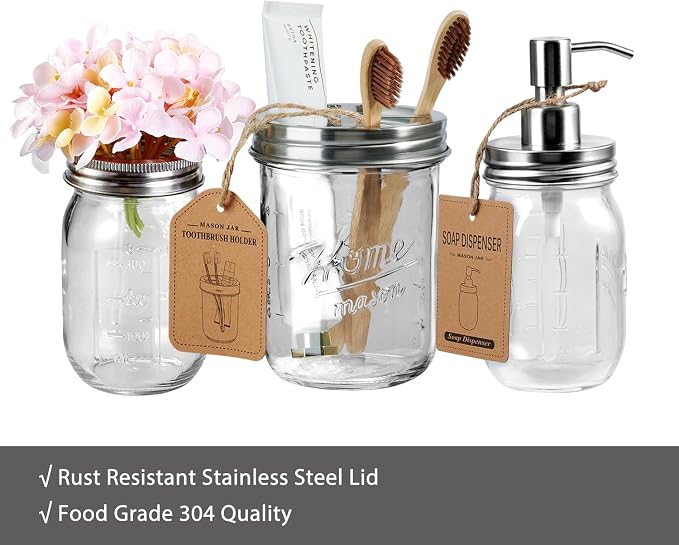 SheeChung Mason Jar Toothbrush Holders, Farmhouse Toothpaste Organizer, 1Pc | Brushed Nickel Glass Electric Tooth Brush Holder for Bathroom Countertop, Removable Stainless Steel Lid, Rustic Vintage Decor