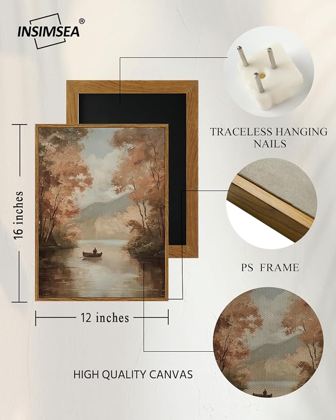 InSimSea Vintage Fall Picture Wall Decor, Autumn Lake Landscape Art, Rustic Nature Decor for Shelf Kitchen Bathroom, Framed Canvas Art, 16x12in,Small Size