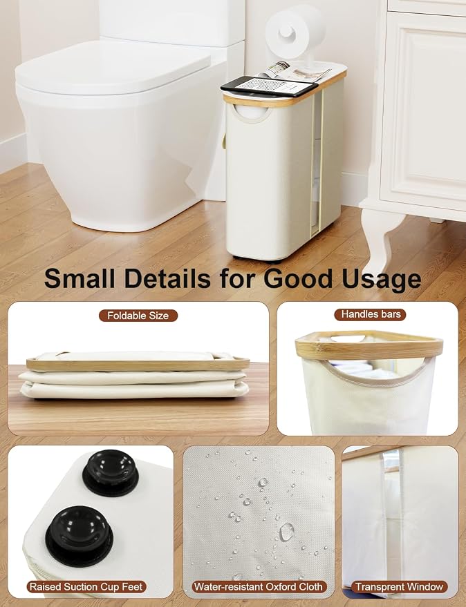 Toilet Paper Basket with Holder, Tray and Bamboo Frame, 12 Rolls, Beige | Waterproof Oxford fabric, privacy pocket, viewing window and suction-cup base for 9 mega or 12 regular rolls plus 1 in use