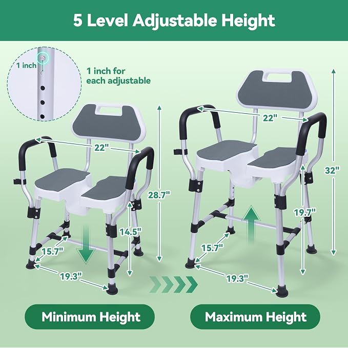 U-Shaped Shower Chair for Inside Shower, 400 lbs, Adjustable Height | Anti-Slip Adjustable Bath Seat for Elderly and Disabled, Shower Stool with Removable Padded Back and Arms, Tool-Free Assembly