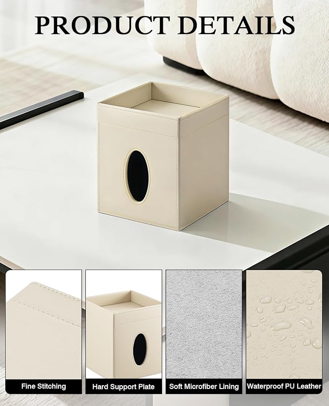 Luxspire Square Tissue Box Cover, Leather Holder with Storage Tray, Khaki | PU Leather Material, Includes Storage Tray, For Living Room, Bedroom, Stylish Addition, Durable and Waterproof, Easy to Clean