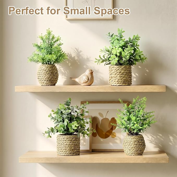 Small Fake Plants, 4 Pack Artificial Plants in Handwoven Seagrass Baskets | Natural Woven Texture, 4 Unique Plant Designs, Shelf, Desk & Table Decor, Realistic Faux Greenery, Farmhouse & Boho Decor