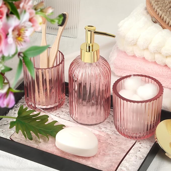 Designer Pink Glass Bathroom Accessories Sets - 4 Pcs with Lotion Soap Dispenser, Bathroom Toothbrush Holder, Vanity Tray, and Apothecary Jar, Vintage Bathroom Decor