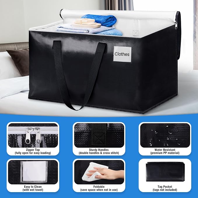 Heavy Duty Moving Bags, Extra Large Storage Bags, 76L, 2-Pack, Black | Foldable, with Zippers, Tag Pocket & Handles, Reusable, Space-saving, Water-Resistant, for moving & storage, Versatile Use