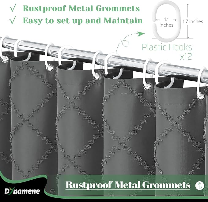 Long Boho Shower Curtain Tufted Geometric 72"x78" Charcoal Grey | 78 Inch Tall, Elegant Tassel, Lightweight Textured Fabric, Water Repellent, Washable, Hotel Spa, for Bathroom/Dorm 12 Hooks