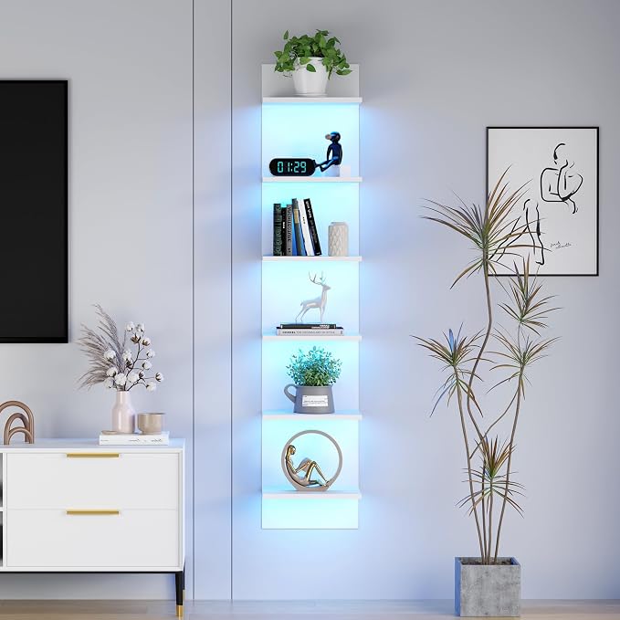 Qupui 6-Tier Wall Shelf with RGB LED, 57" Floating Storage, White | RGB 16 Million Colors, 22 Modes, 6 Brightness. Waterproof Particleboard. Each Tier Holds 10 Lbs. Wall-mounted. For Bedroom