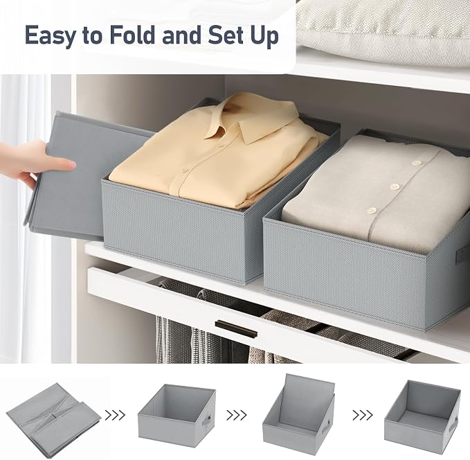 DIMJ Storage Bins for Closet, Trapezoid Storage Bins with Front Handle, Fabric Storage Baskets for Shelves, Line Closet Organizers for Toys, Boooks, Clothes, 6 Packs (Grey)
