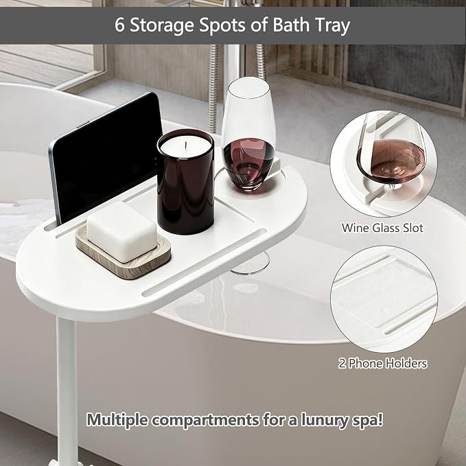 3 Layer Bathtub Tray Table,Bamboo Swivel Bathtub Side Table Height Adjustable,Freestanding Bathtub Tray for Tub Against Wall,Bathtub Accessories&Bathroom Organizer for Luxury Home Spa (White)