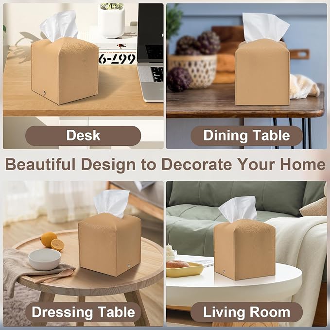 AISOSO 2Pcs Square Tissue Box Cover, Cream, 5.12" X 5.12" X 5.12" | PU Leather, Decorative Tissue Organizer Dispenser Holder, Fit for Bathroom, Desk, Home, Car, Office