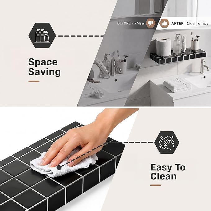 Floating Shelves, Set of 2, Black with White Lines | 15.7"W x 6.7"D x 1.5"H, set of 2, 25 lbs per shelf, 3D tile texture, splash-resistant, ~30 min assembly.