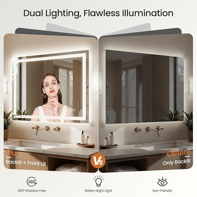 24x30 LED Bathroom Mirror with Lights, Dual Lit, Anti-Fog, Memory | Dimmable 3 Color CRI 90+ for True-to-life Color Accuracy Tempered Glass Horizontal/Vertical Wall Mount for Bathroom Vanity