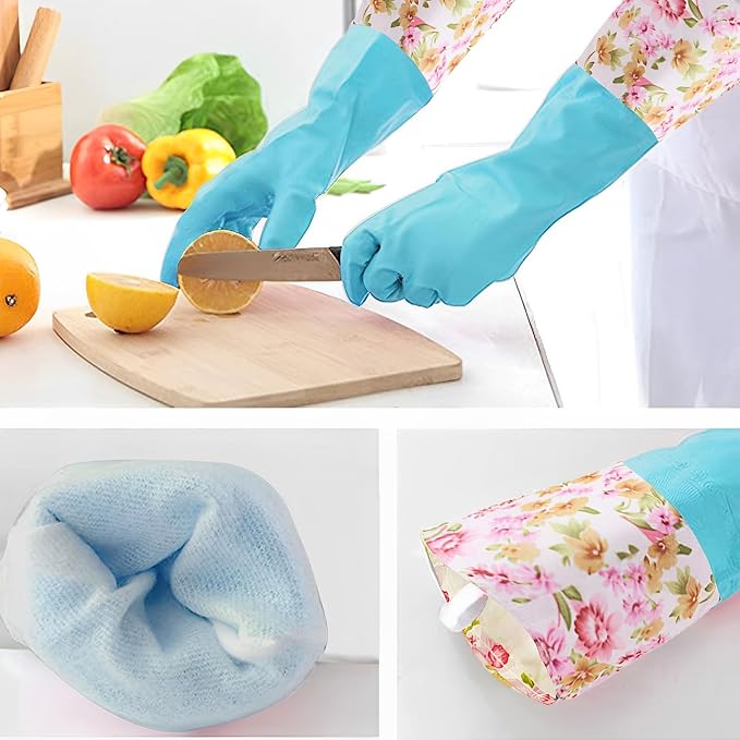 KINGFINGER Dishwashing Cleaning Gloves, 2 Pairs Reusable Rubber Gloves PVC Latex-Free Waterproof Long Cuff and Flock Lining Household Cleaning Gloves for Women