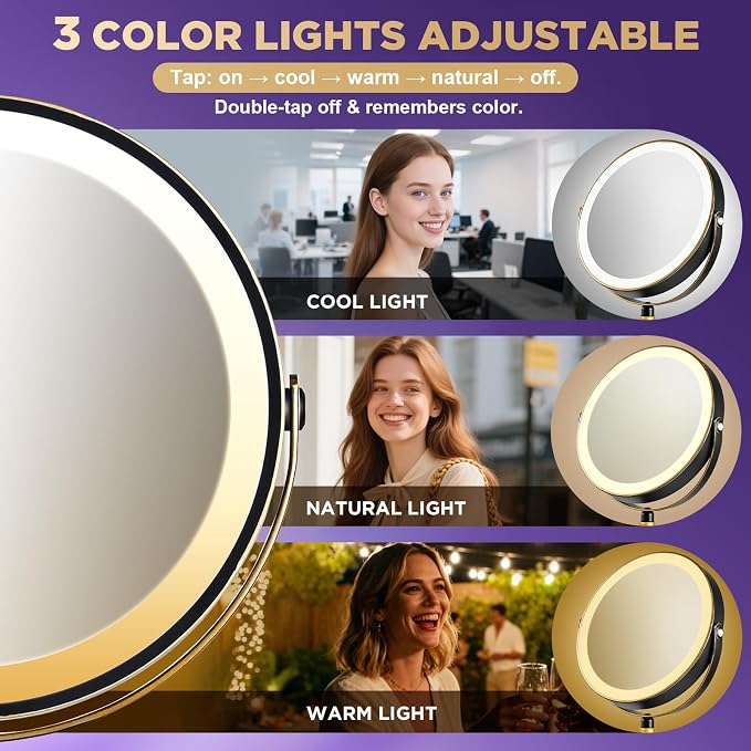 30x Magnifying Mirror with Light, Matte Black with Gold Trim | Makeup Mirror with 3 Color Light & Brightness Adjustable, 5000mAh Rechargeable Vanity Mirror, Modern Style Side Touch+Charge