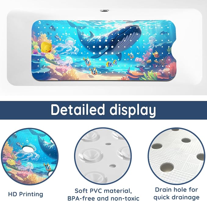 LNOND Bath Mat for Tub for Kids, Ocean Bathtub mat Non Slip,Blue Whales Bath Mats for Bathroom Non Slip with Drain Holes and Suction Cups,Machine Washable (40 X 16 Inch)