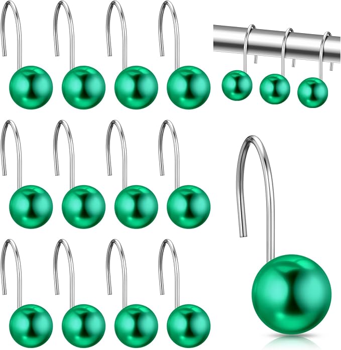12 Pcs Cute Shower Curtain Hooks Shower Curtain Rings Artificial Pearl Decorative Vintage Rustproof Hooks for Bathroom Country Farmhouse Decor (Green)