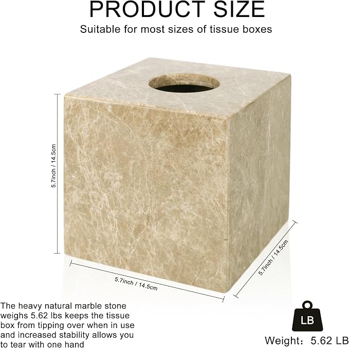 Natural Marble Tissue Box Holder Cover with Open Bottom | Square Cube Tissue Box Holder for Bathroom Vanity Tops, Bedroom Dressers, Kitchen Countertop, Light Brown