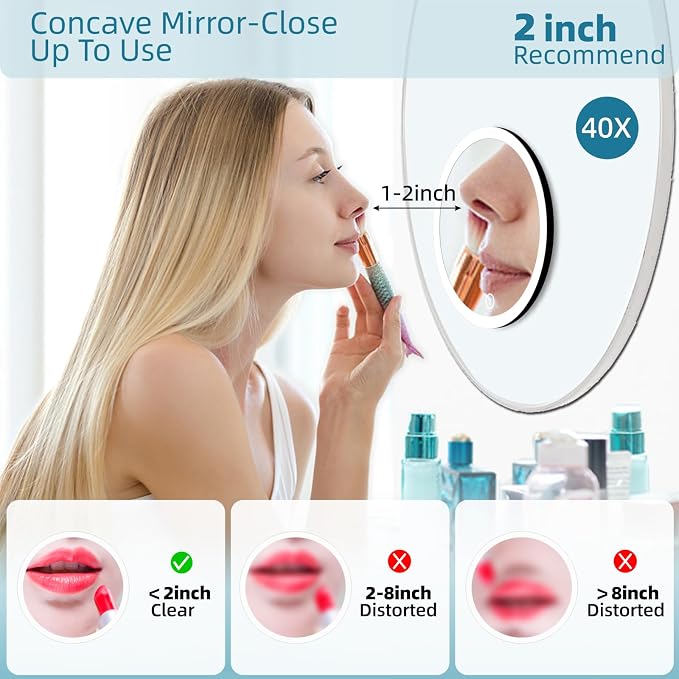 40X Magnifying Mirror with Light, 3 Suction Cups, 6inch Compact Travel Size | Rechargeable 40X High Magnification Makeup Mirror with 3 Color Light Adjustable Brightness - Includes Tweezers & Scissors Set
