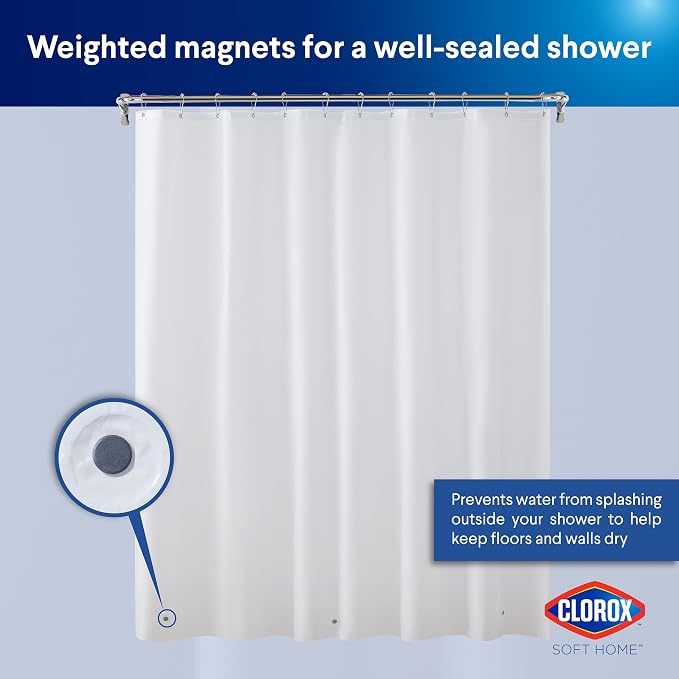 Clorox Shower Curtain Liner, Premium Medium-Weight Flexible Waterproof 6g PEVA for Bathroom with Weighted Magnets, Standard Size 72" x 72", White 2 Pack