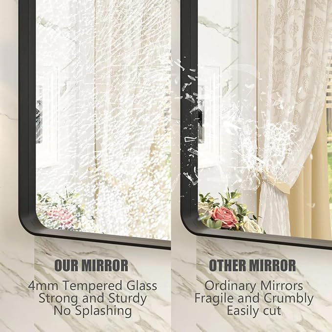 60x28 Black Framed Bathroom Mirror | Large Matte Black Bathroom Vanity Mirror for Wall, Rounded Rectangle, Anti-rust, Shatterproof (Horizontally/ Vertically)