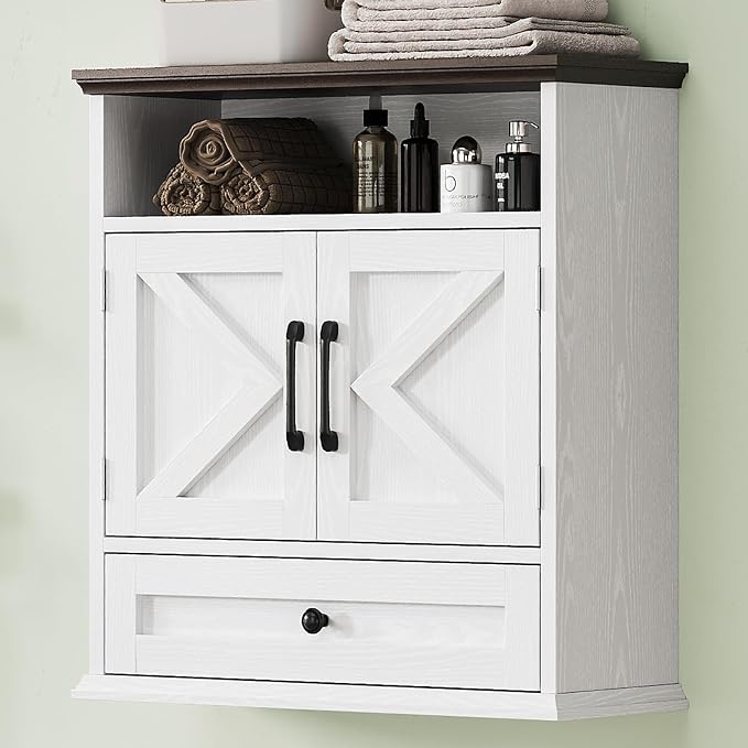 Bathroom Wall Cabinet, Wall Mounted Medicine Cabinet 24.4"H x 23.6"W x 9"D | With Drawer, Barn Doors & Adjustable Shelf, White Over Toilet Farmhouse Storage Cabinet for Kitchen, Laundry Room, Entryway