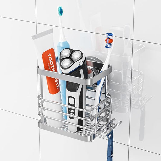 TAILI Patented Suction Cup Toothbrush Holders for Bathrooms, Silver | Stainless Steel Toothpaste Holder with Razor Hook, Strong Suction Up to 11lbs, Anti-Puddling, No Drill Removable & Reuseable