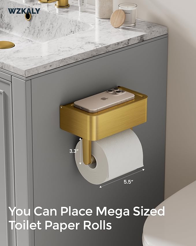 Toilet Paper Holder with Shelf, Wipes Holder for Bathroom, Flushable Wipes Dispenser, Stainless Steel Toilet Paper Roll Holder with Storage for Wet Wipes Wall Mounted (Gold, Regular Roll)
