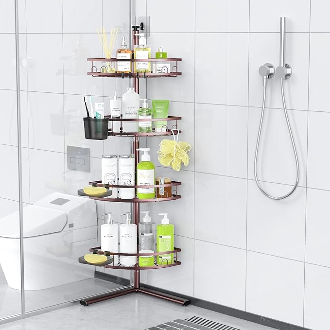 Standing Corner Shower Caddy - Rustproof Bathroom Shower Stand Shelf | 4-Tier No Drill Organizer with Adjustable Baskets, Large Capacity for Tall Shampoo Bottles, Fits Renters Apartments Bathtub