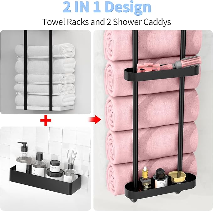 STWWO Bathroom Towel Storage, 36.4 Inch Towel Racks for Bathroom Wall Mounted with Shower Caddy with Metal Shelf, Black | Towel Racks for Bathroom 36.4Inch with Shower Caddy
