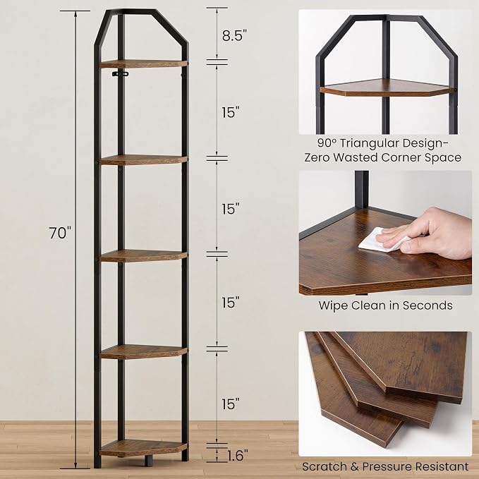 5-Tier Corner Shelf | 70 Inch Tall Bookshelf & Plant Stand, Heavy Duty Storage for Home Office & Living Room - Brown