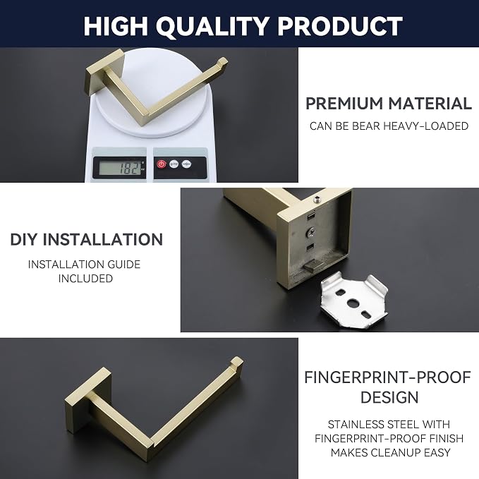 LANC Gold Toilet Paper Holder, Bathroom Toilet Paper Roll Holder Wall Mounted for Bathroom RV, Modern TP Holder Tissue Dispenser Hangers Square Stainless Steel Brushed Gold, A8807BG
