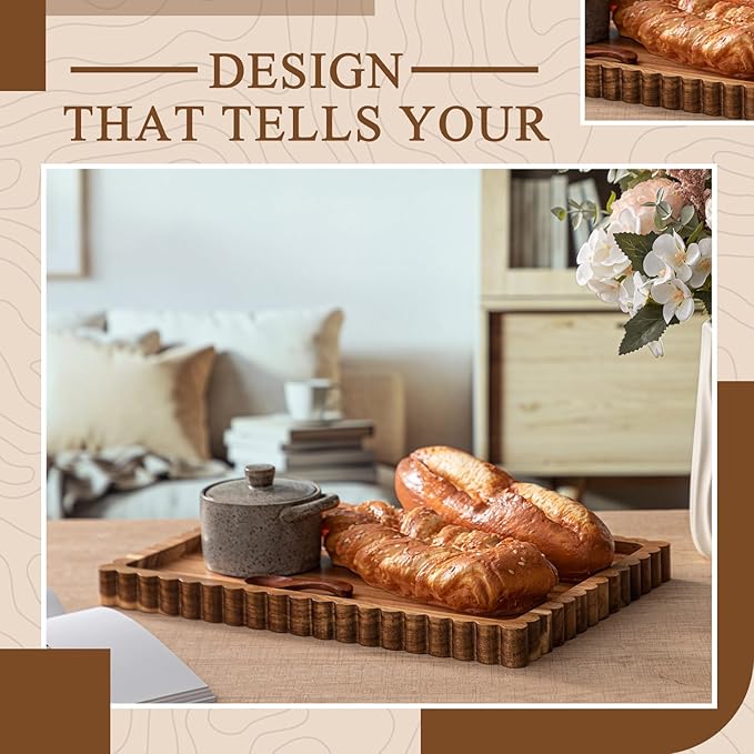 Lounsweer Acacia Wood Decorative Tray for Home Decor, 14'' x 10'' Wooden Serving Tray for Coffee Table Centerpiece Dining Kitchen Island Decoration Bathroom Counter Display