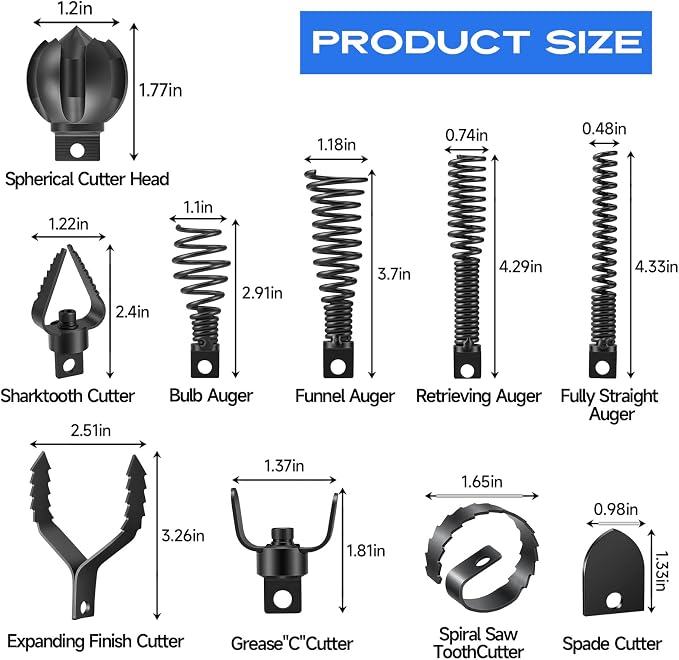 10-Piece Drain Snake Drill Attachment, Cutters Tackle Any Clog with Precision, Compatible with 50FT/75FT/100FT AC Drain Cleaning Machine,Suitable for 5/16-inch to 3/4-inch Drain Snake Cable