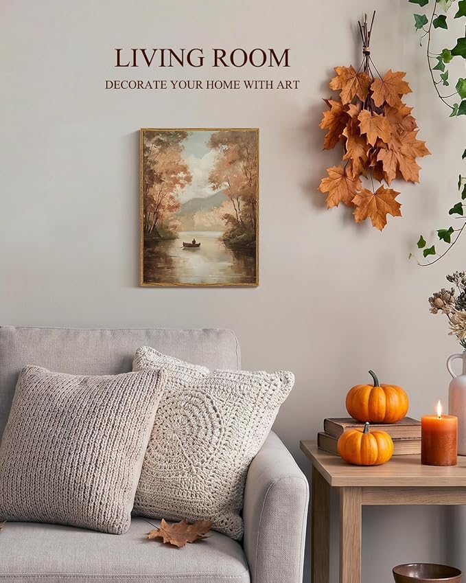 InSimSea Vintage Fall Picture Wall Decor, Autumn Lake Landscape Art, Rustic Nature Decor for Shelf Kitchen Bathroom, Framed Canvas Art, 16x12in,Small Size
